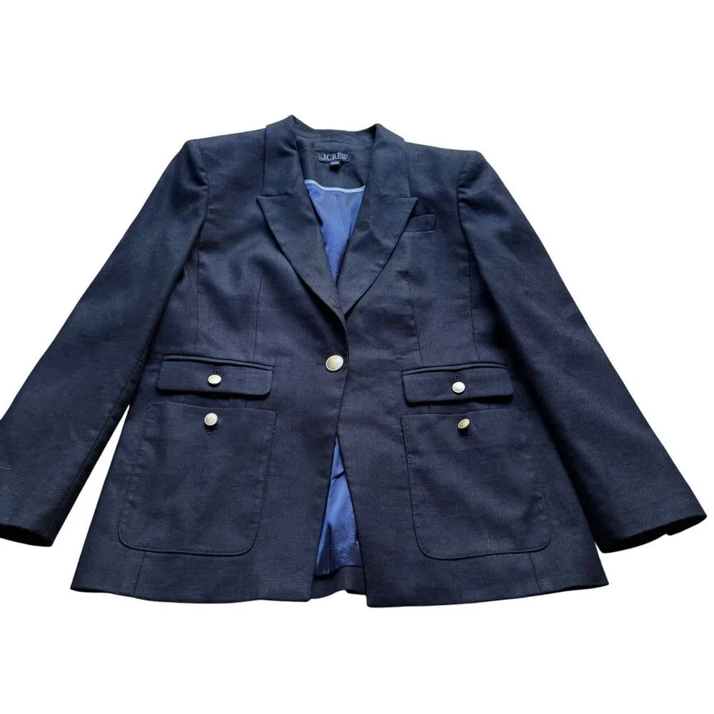 J.Crew Vivienne Navy Linen Blend Blazer 10P Petite Gold Button Tailored Jacket - Picture 2 of 16